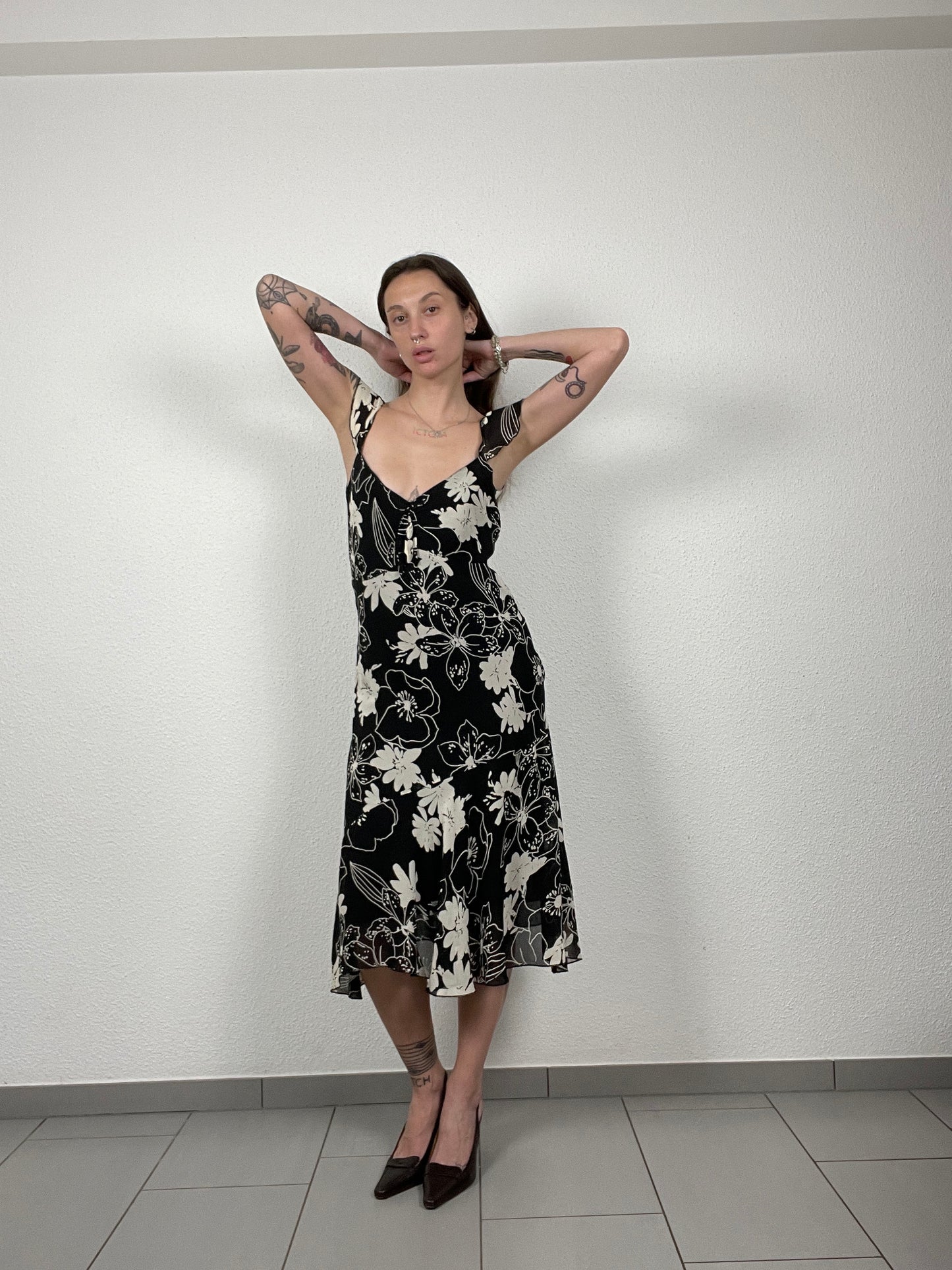 Y2K Black & White Floral Midi Dress