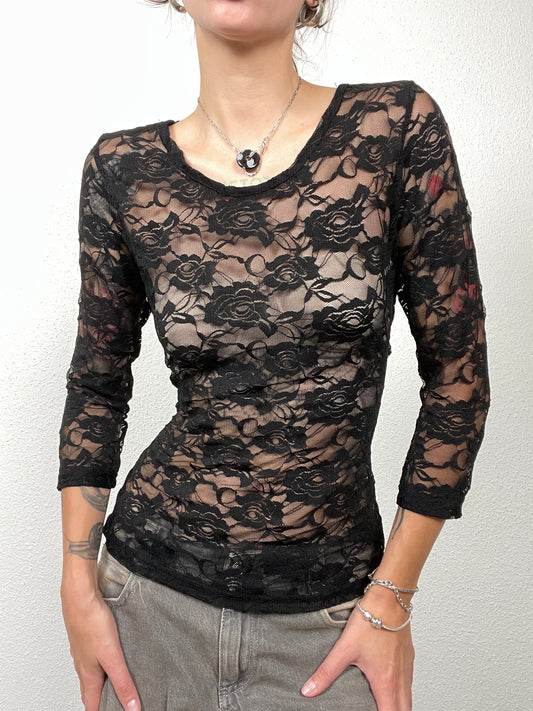 Vintage Y2K Sheer Black Lace Top