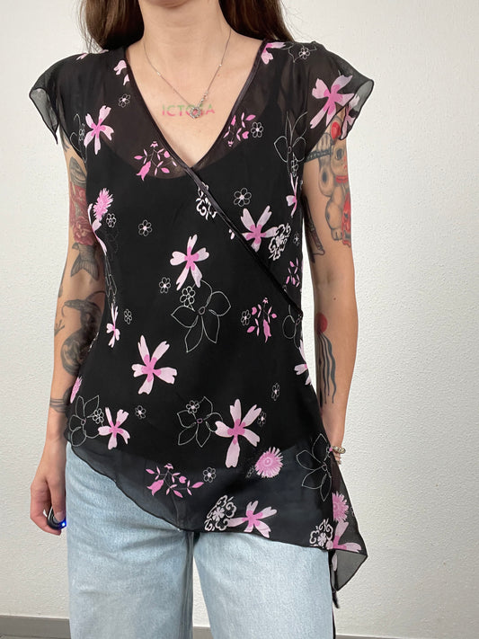 Y2K Black Asymmetrical Floral Top