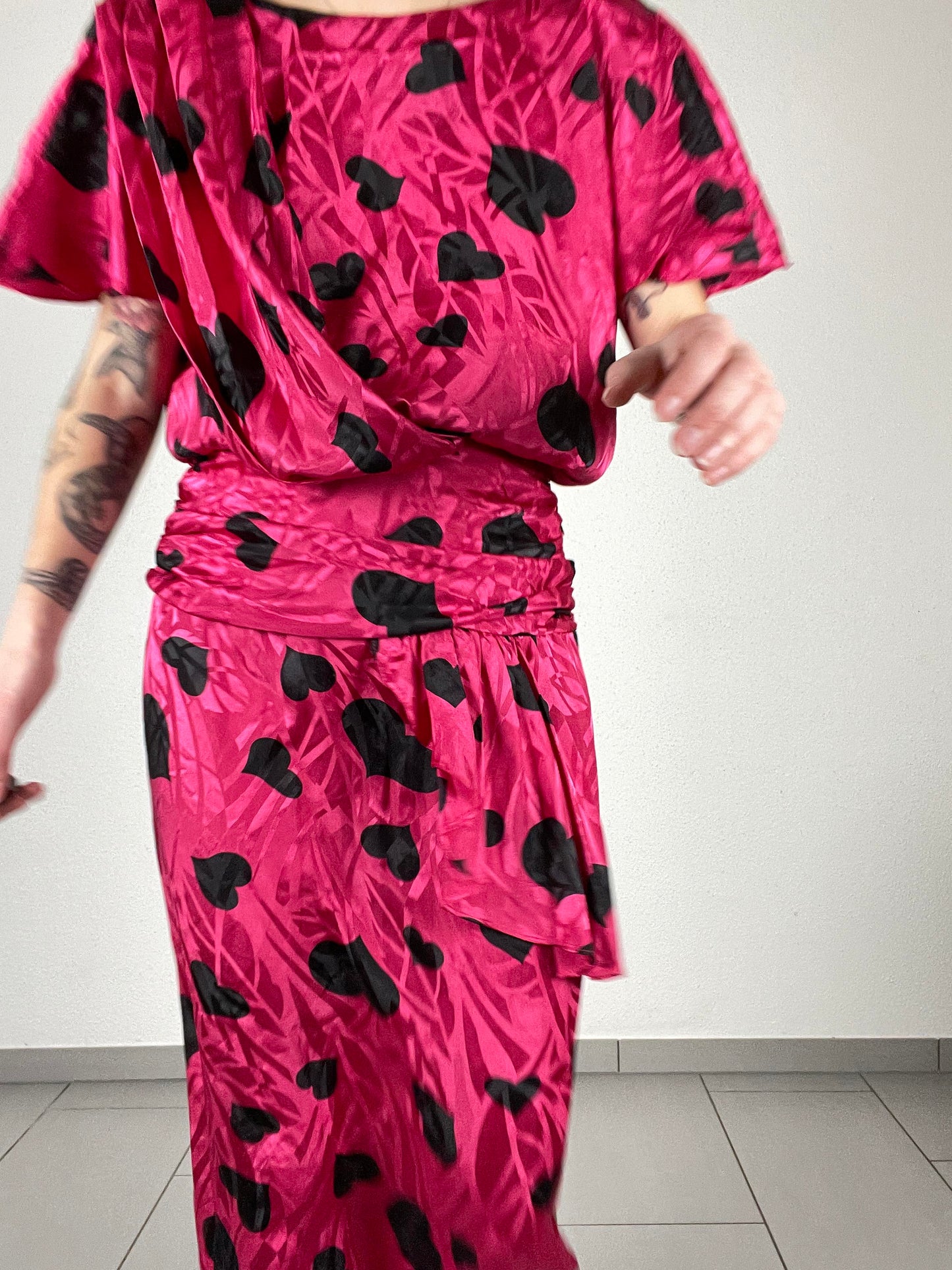Vintage 80s Heart Print Midi Pink Dress