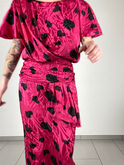 Vintage 80s Heart Print Midi Pink Dress