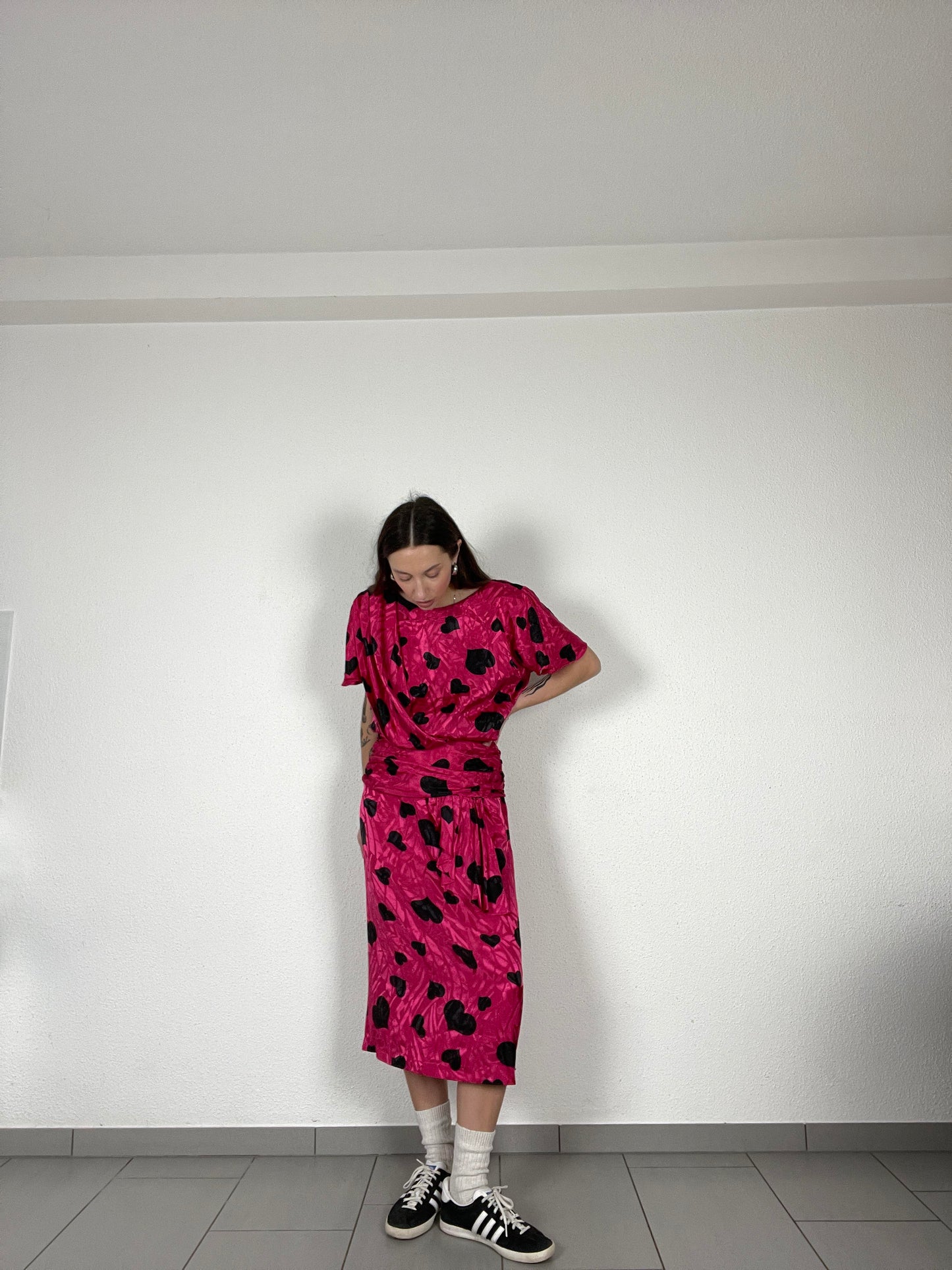Vintage 80s Heart Print Midi Pink Dress