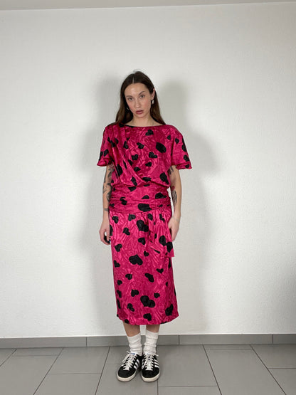 Vintage 80s Heart Print Midi Pink Dress
