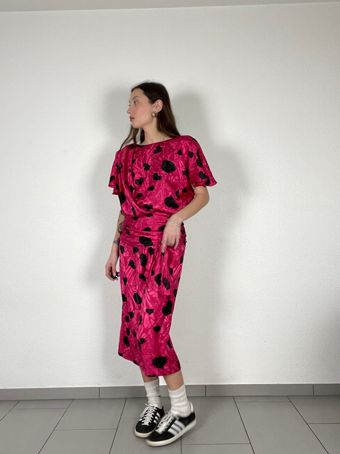Vintage 80s Heart Print Midi Pink Dress