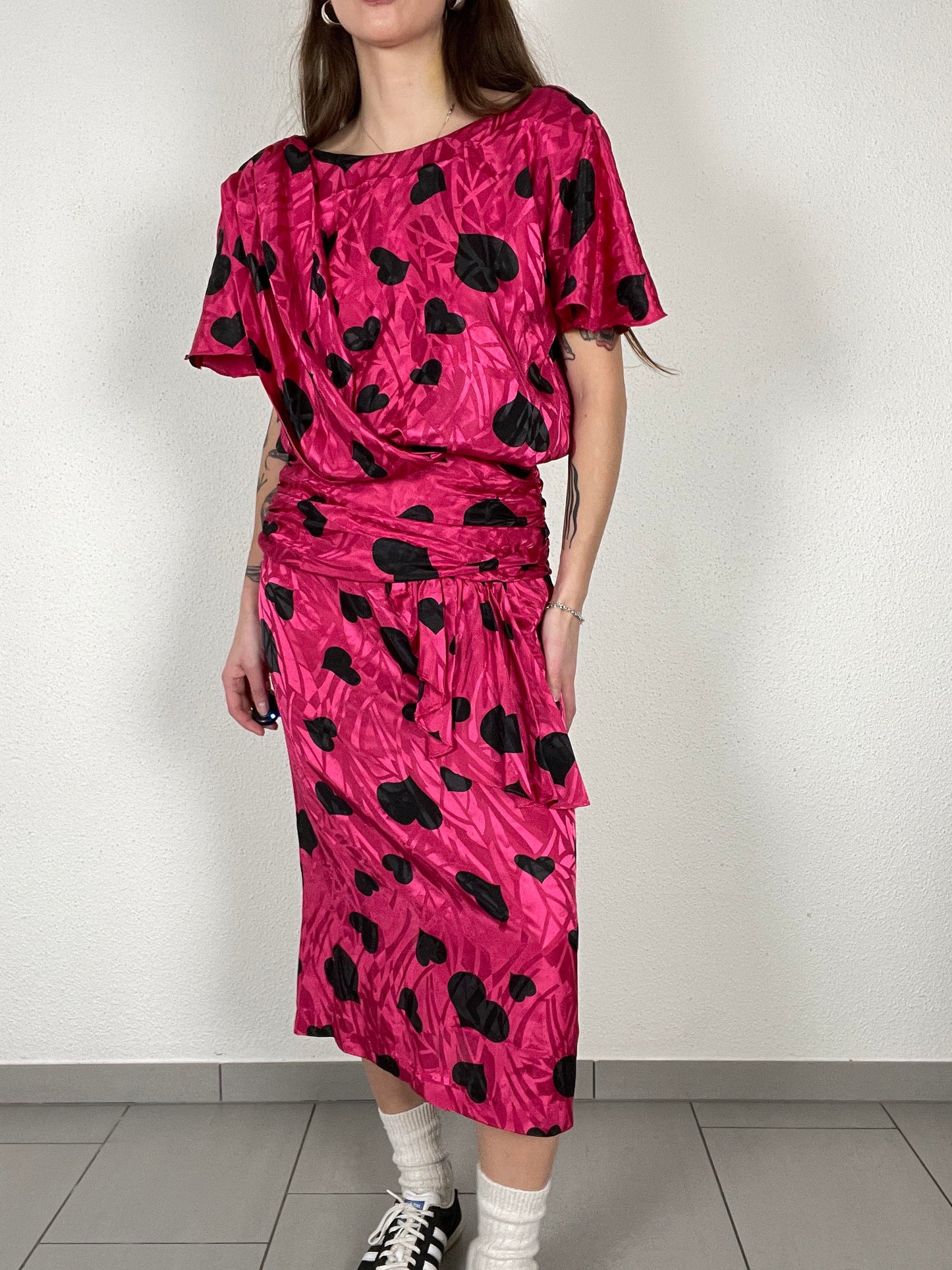 Vintage 80s Heart Print Midi Pink Dress