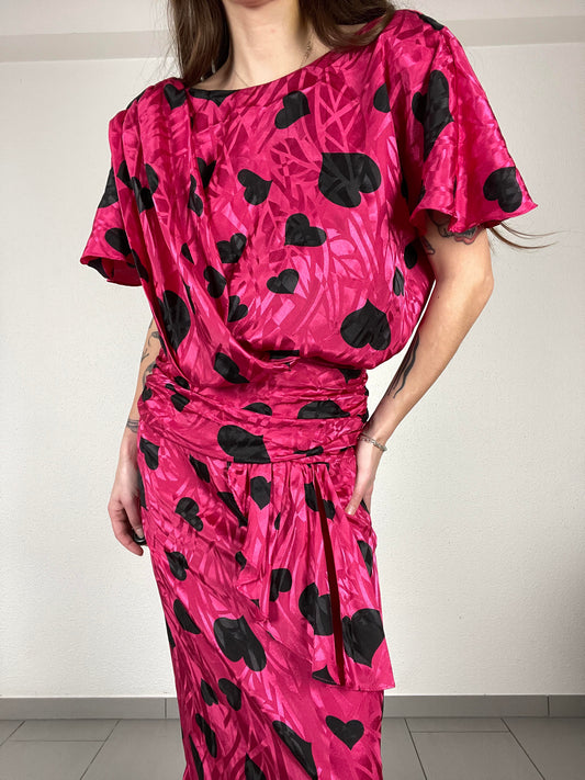 Vintage 80s Heart Print Midi Pink Dress