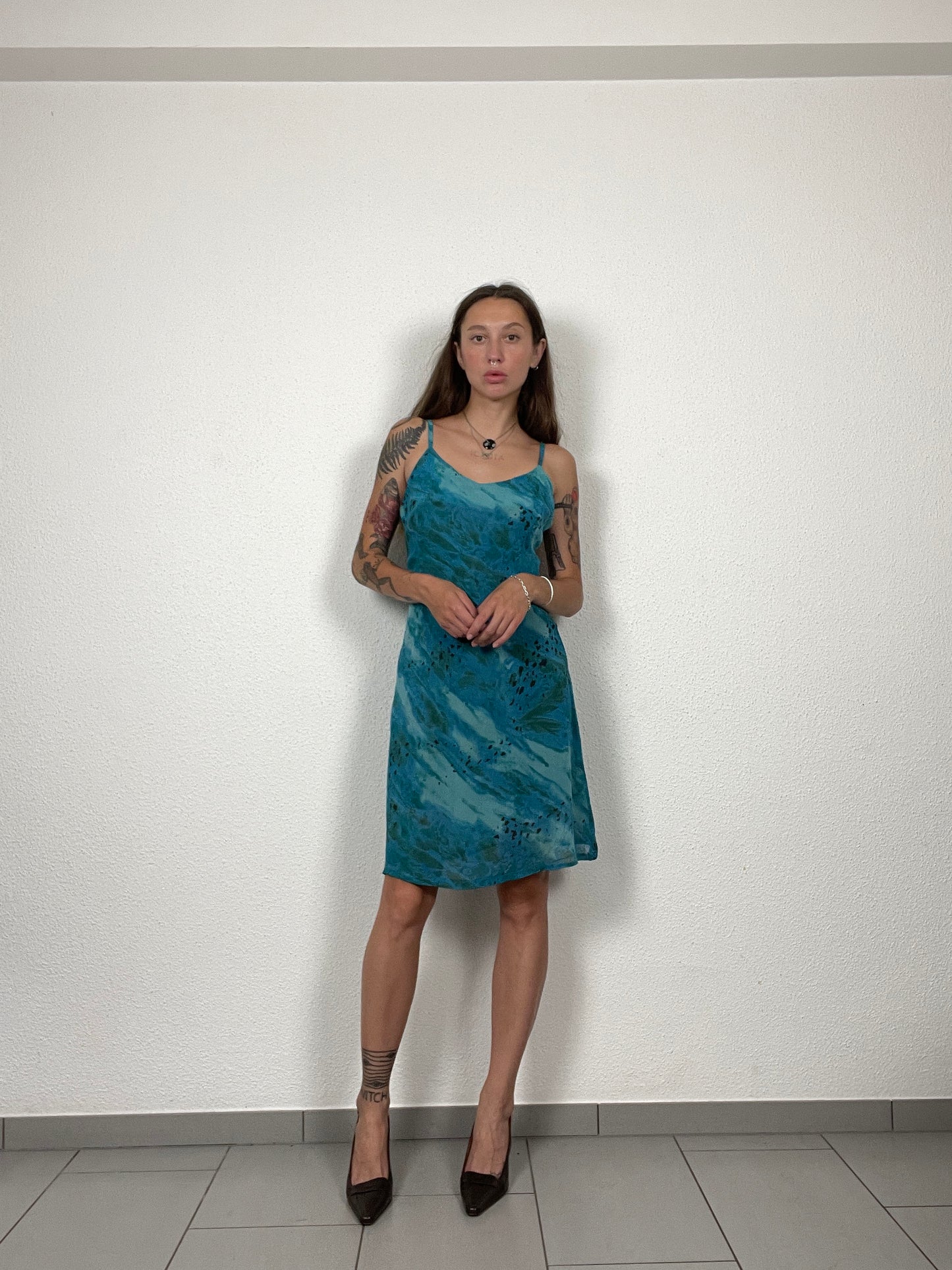 Late 90s / Y2K Teal Blue Printed Slip Dress
