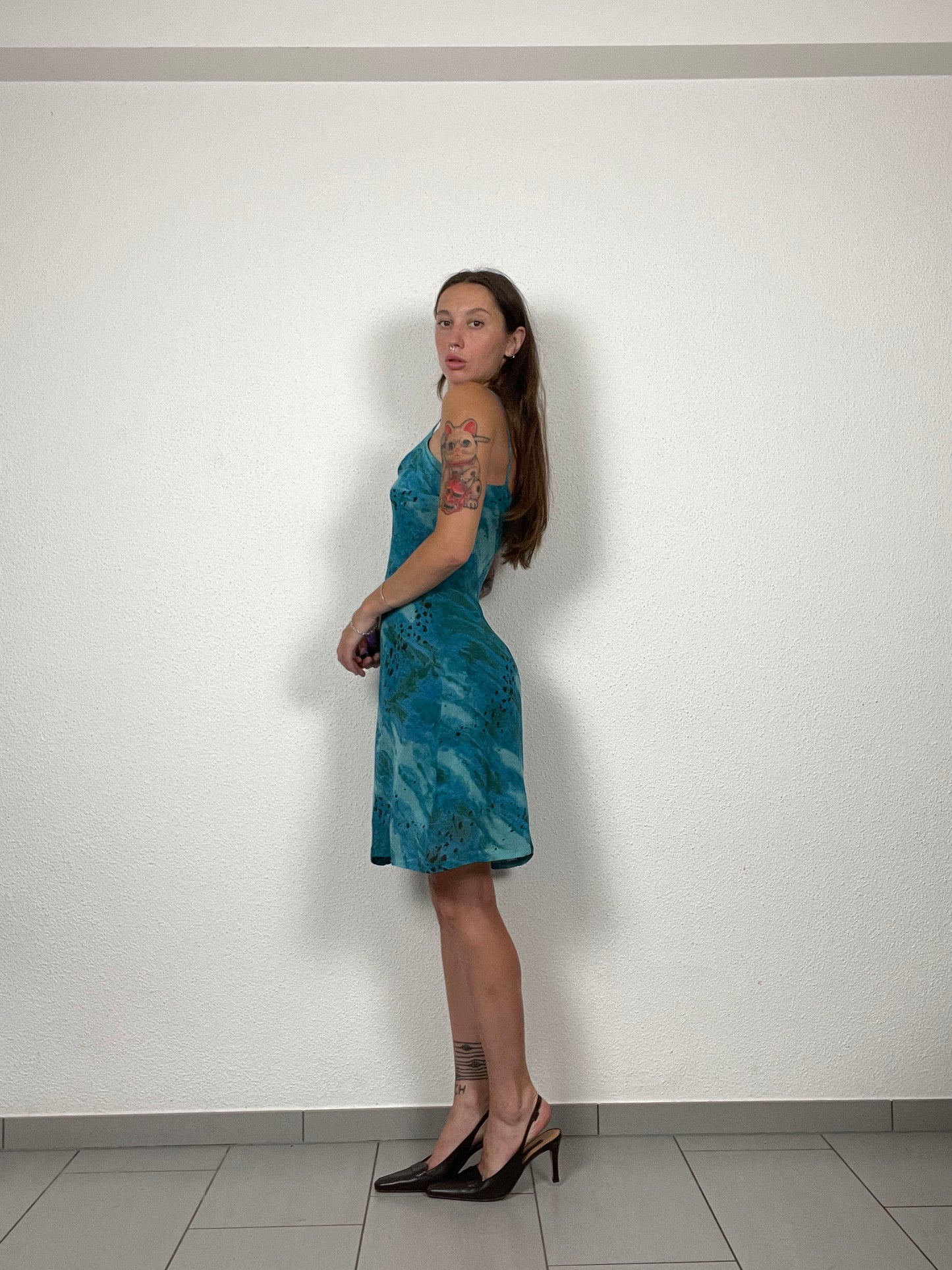 Late 90s / Y2K Teal Blue Printed Slip Dress