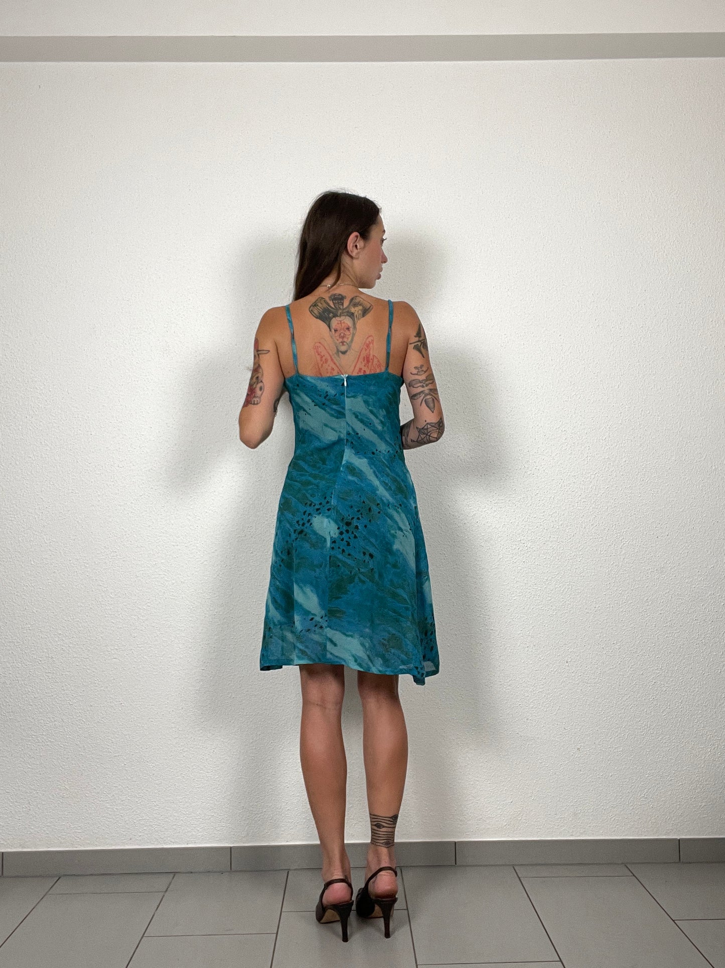 Late 90s / Y2K Teal Blue Printed Slip Dress
