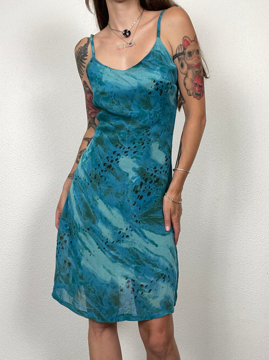 Late 90s / Y2K Teal Blue Printed Slip Dress
