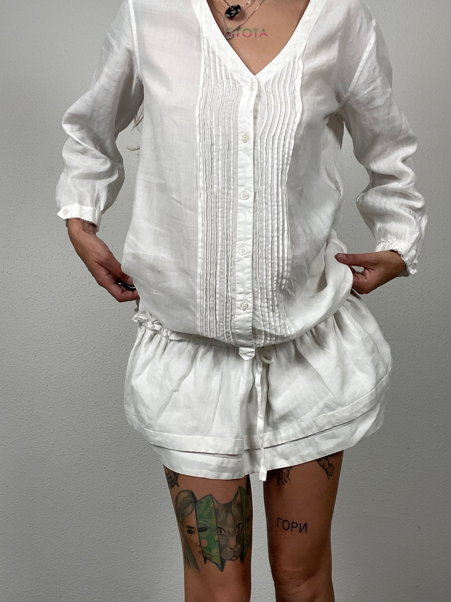 White Ramie Pintuck Dress