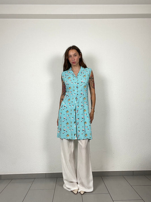 Aqua Blue Sleeveless Shirt Dress