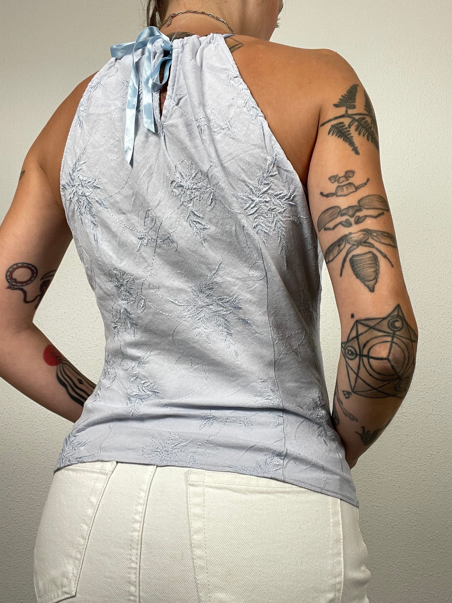Y2K Pale Blue Embroidered Halter Top